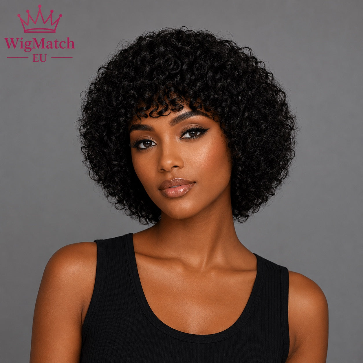 Model wears a short curly human hair wig right angle view. Buy from WigMatch EU online store with free and fast shipping across the European Union.