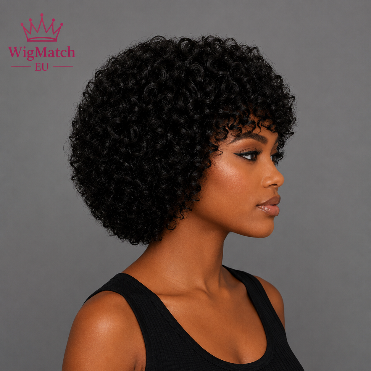 Model wears a short curly human hair wig right side view. WigMatch EU online store with free and fast shipping throughout the European Union.
