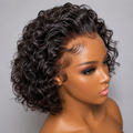 Woman showcasing a Short Curly Lace Front Human Hair Wig in Natural Black featuring soft defined curls and a realistic hairline | WigMatch EU