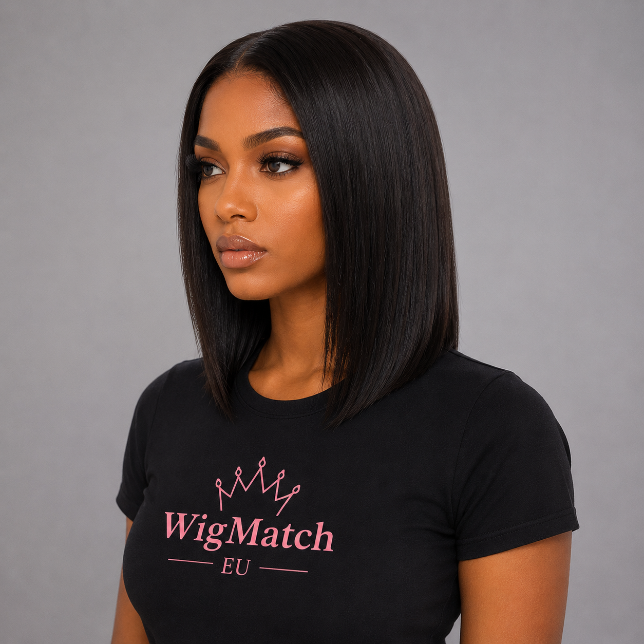 Silk Straight Bob Human Hair Wig in Natural Black angled front view showcasing smooth real human hair and a classic bob style from WigMatch EU.