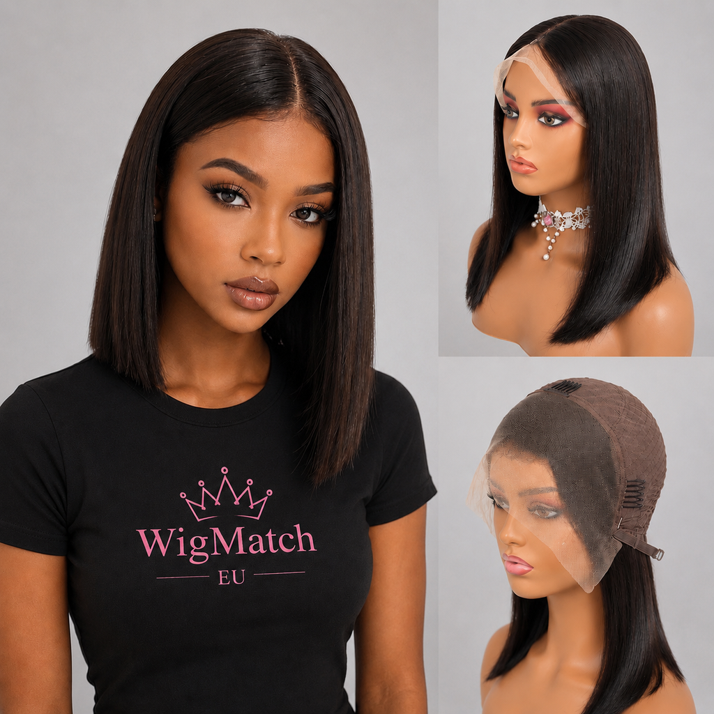 Silk Straight Bob Human Hair Wig in Natural Black featuring model view, front lace construction, and cap interior details from WigMatch EU with EU-wide shipping.