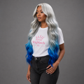 Front view of a female model showcasing the Silver Gray to Blue Ombre Body Wave Lace Front Human Hair Wig by WigMatch EU, featuring long flowing body wave hair with a natural hairline and premium HD lace finish.