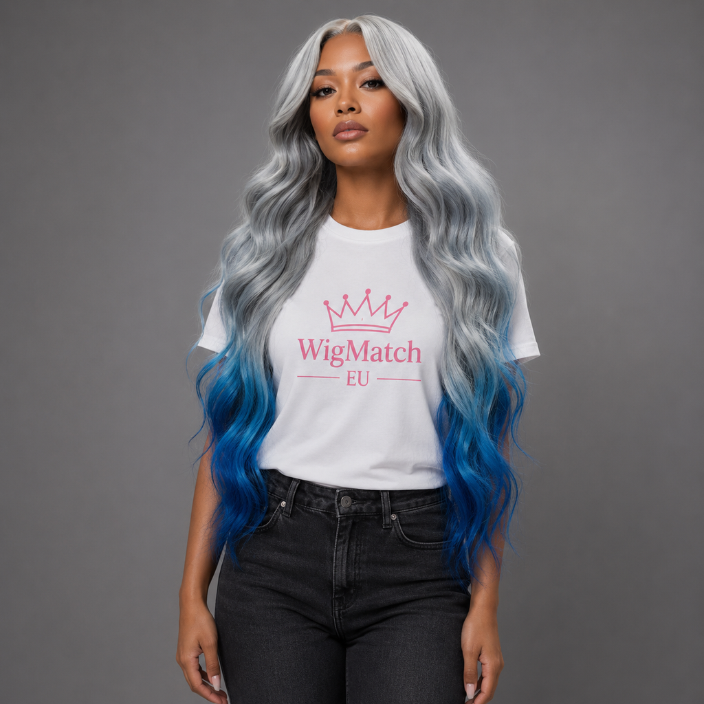 Left side view of a female model featuring the Silver Gray to Blue Ombre Body Wave Lace Front Human Hair Wig by WigMatch EU, showcasing soft body wave texture, seamless lace front, and vibrant blue ombre ends.