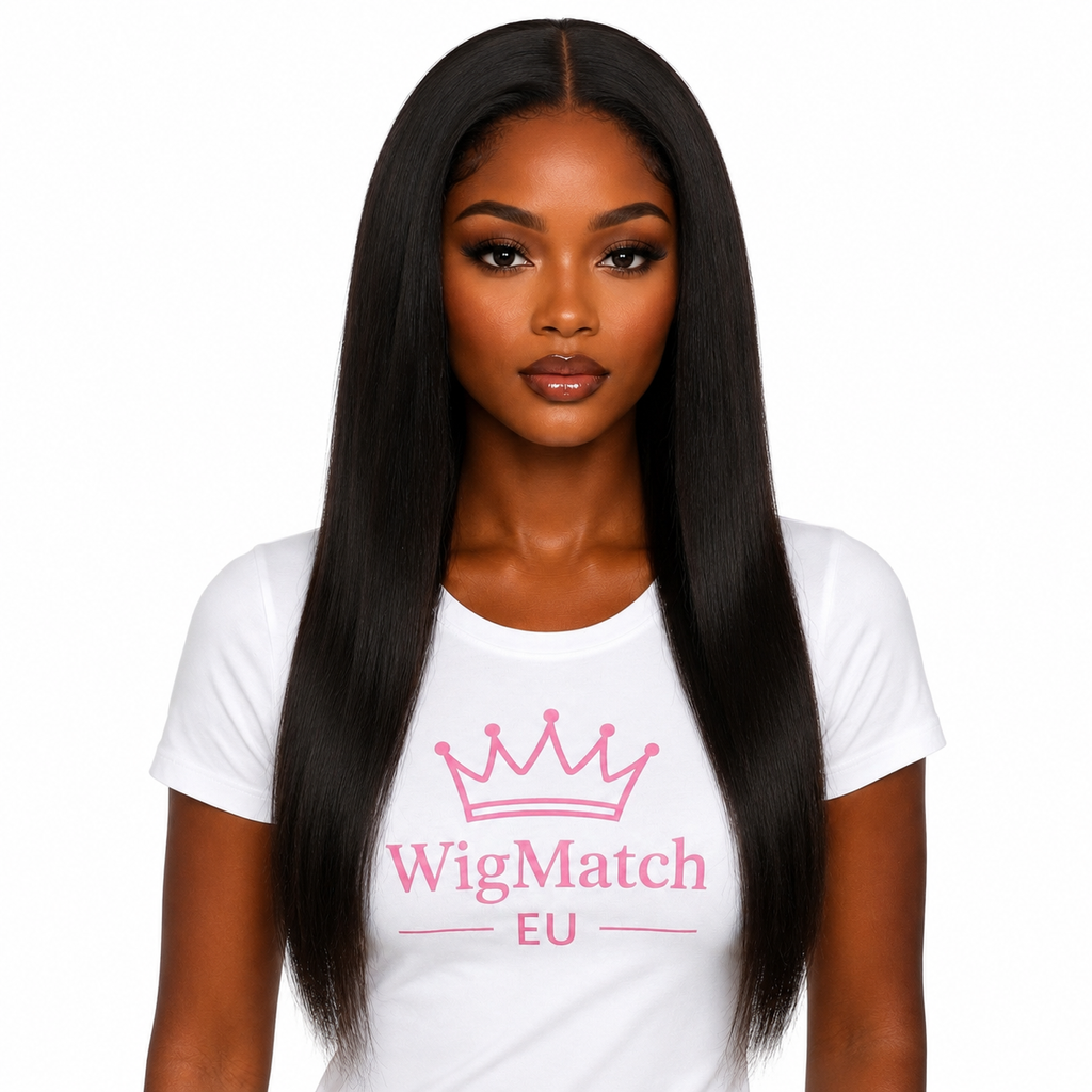 Straight Lace Front Human Hair Wig front view featuring a natural middle part and silky straight human hair on a dark chocolate skin tone model wearing a white WigMatch EU t-shirt, available in 8–24 inch lengths with EU free shipping.