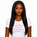 Straight Lace Front Human Hair Wig front view featuring a natural middle part and silky straight human hair on a dark chocolate skin tone model wearing a white WigMatch EU t-shirt, available in 8–24 inch lengths with EU free shipping.