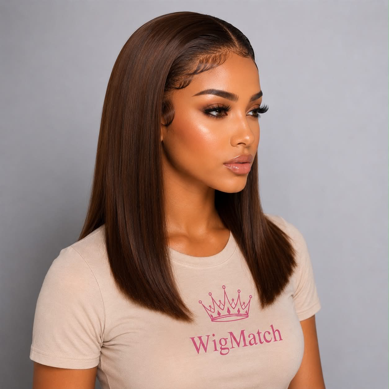 Straight light brown human hair wig with realistic lace front and soft natural look available at WigMatch online store.
