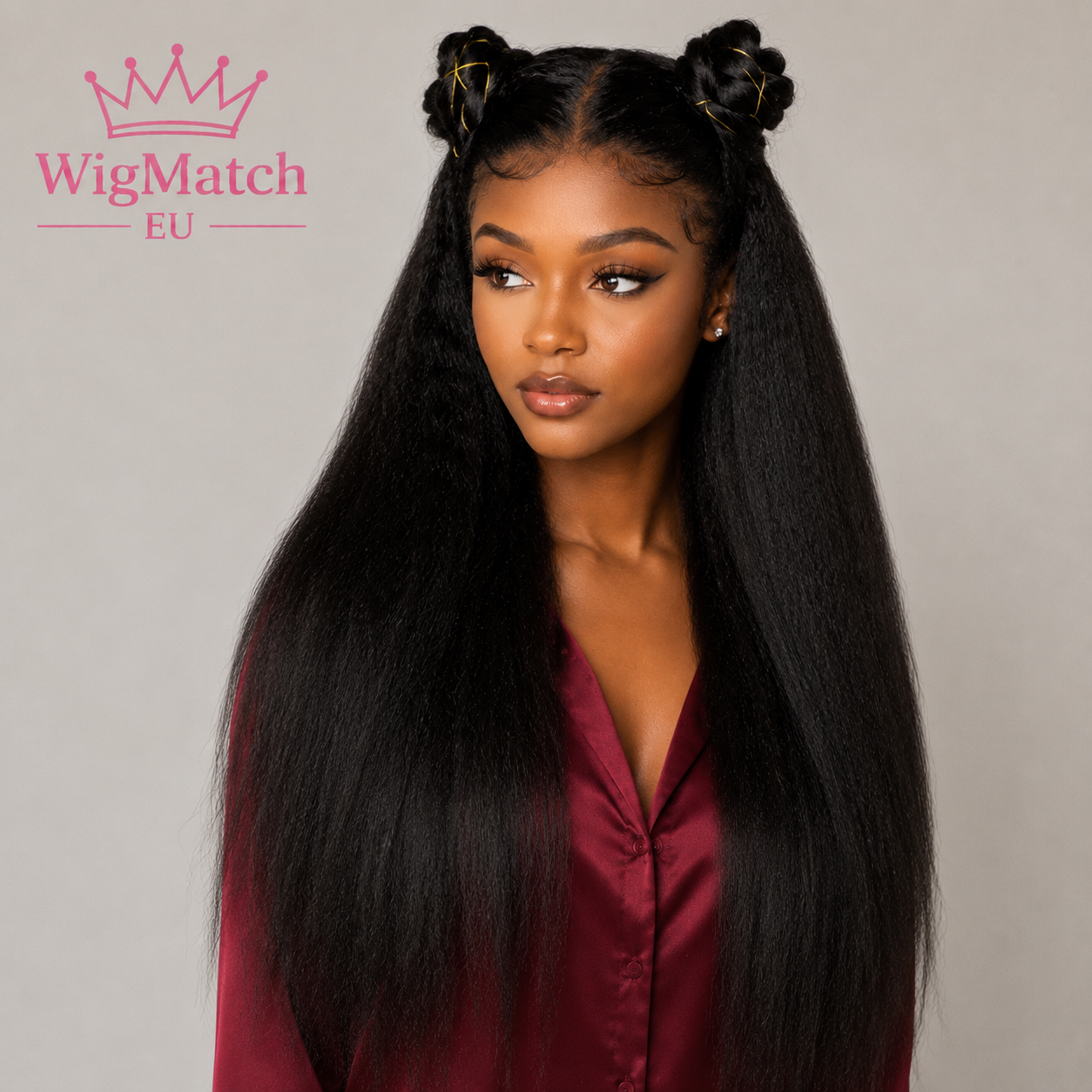 Beautiful woman wearing a T-Part kinky straight human hair wig in natural black, front view with half-up double buns hairstyle, natural hairline and baby hair, WigMatch EU.