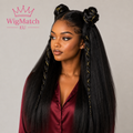 Beautiful woman wearing a T-Part kinky straight human hair wig in natural black, left side profile with half-up double buns hairstyle, sleek natural hairline and full textured length, WigMatch EU.