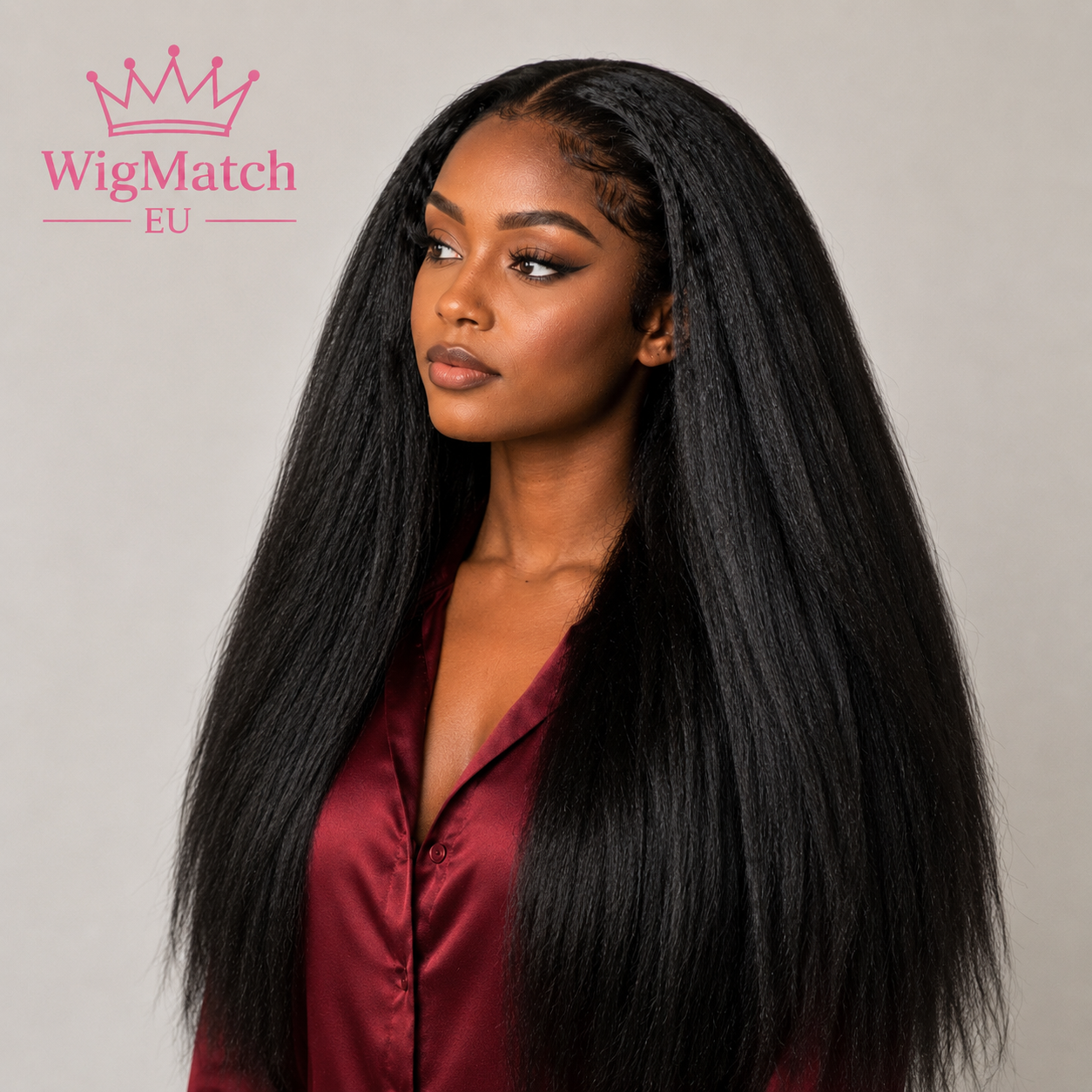 Beautiful woman wearing a T-Part kinky straight human hair wig in natural black, 45-degree right angle view with half-up double buns and braided front sections, natural hairline, WigMatch EU.