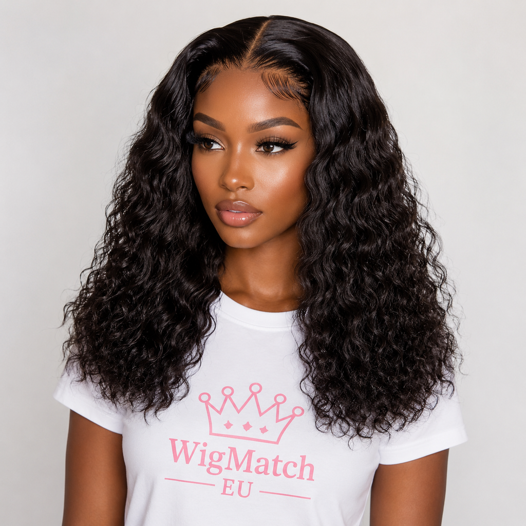 Woman showcasing the Water Wave Bob Lace Front Human Hair Wig from the left angle, displaying the defined water wave texture, natural hairline, and full volume | WigMatch EU