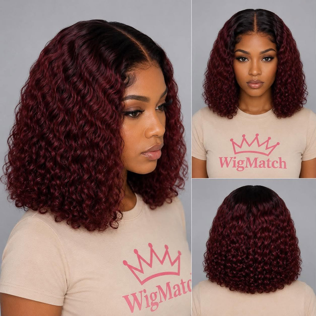 WigMatch 13x4 Deep Wave Burgundy Bob Human Hair Wig displayed from multiple angles including front, side and back. Premium lace front wig with free EU shipping.