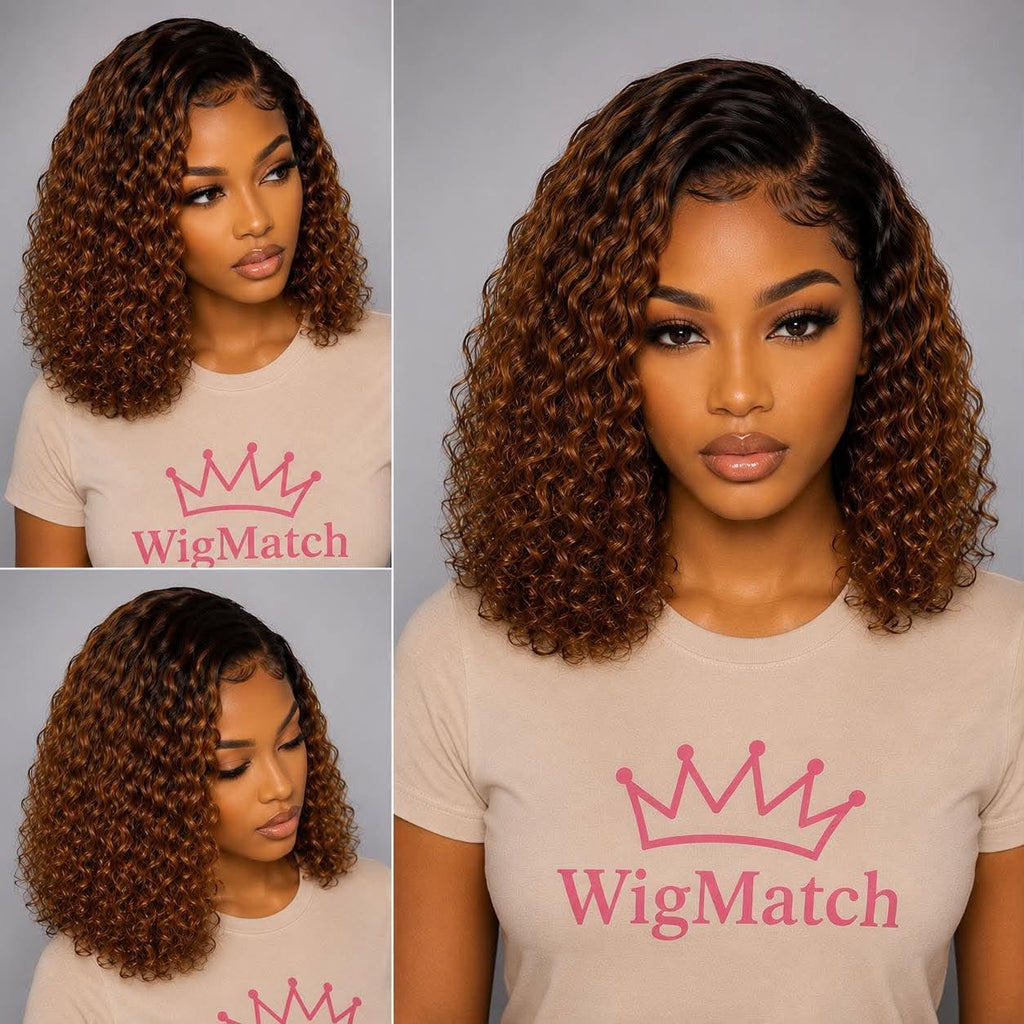 Multiple views of the WigMatch 13x4 Deep Wave Honey Blonde Ombre Bob Human Hair Wig showing front and side angles with a natural lace front. Fast free shipping across the EU.