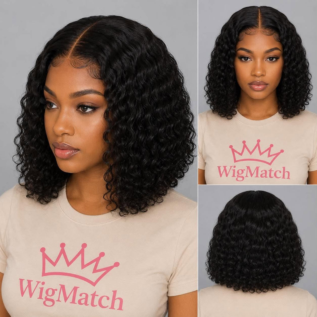 13x4 Lace Front Deep Wave Short Bob Human Hair Wig – Glueless Pre-Plucked | Black, Burgundy & Brown Ombre | 12–16 Inch | WigMatch EU