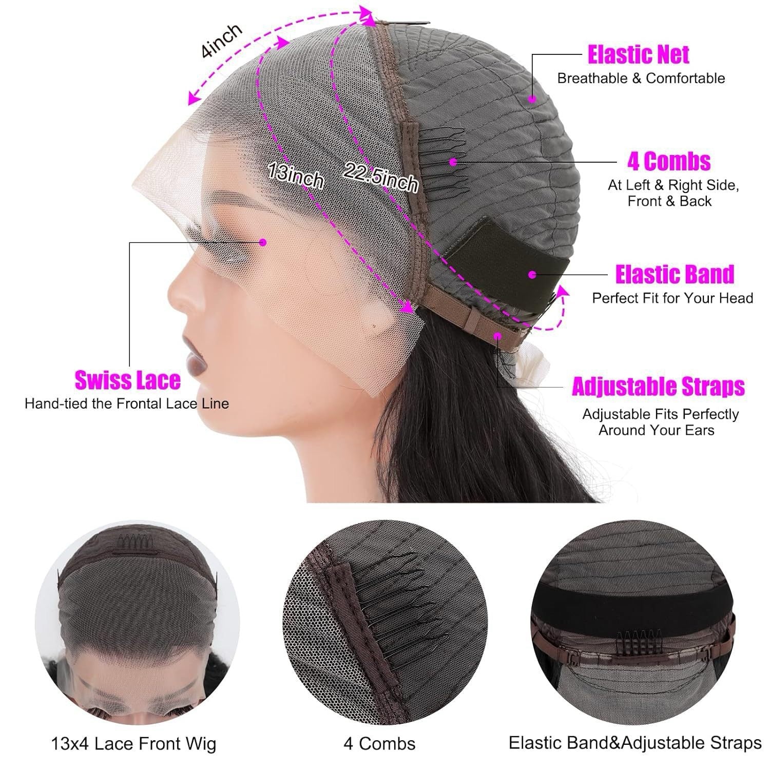 Inside construction of the WigMatch Natural Brown Straight Human Hair Wig with 13x4 HD lace front, breathable cap, elastic band, adjustable straps and four combs for a secure fit.