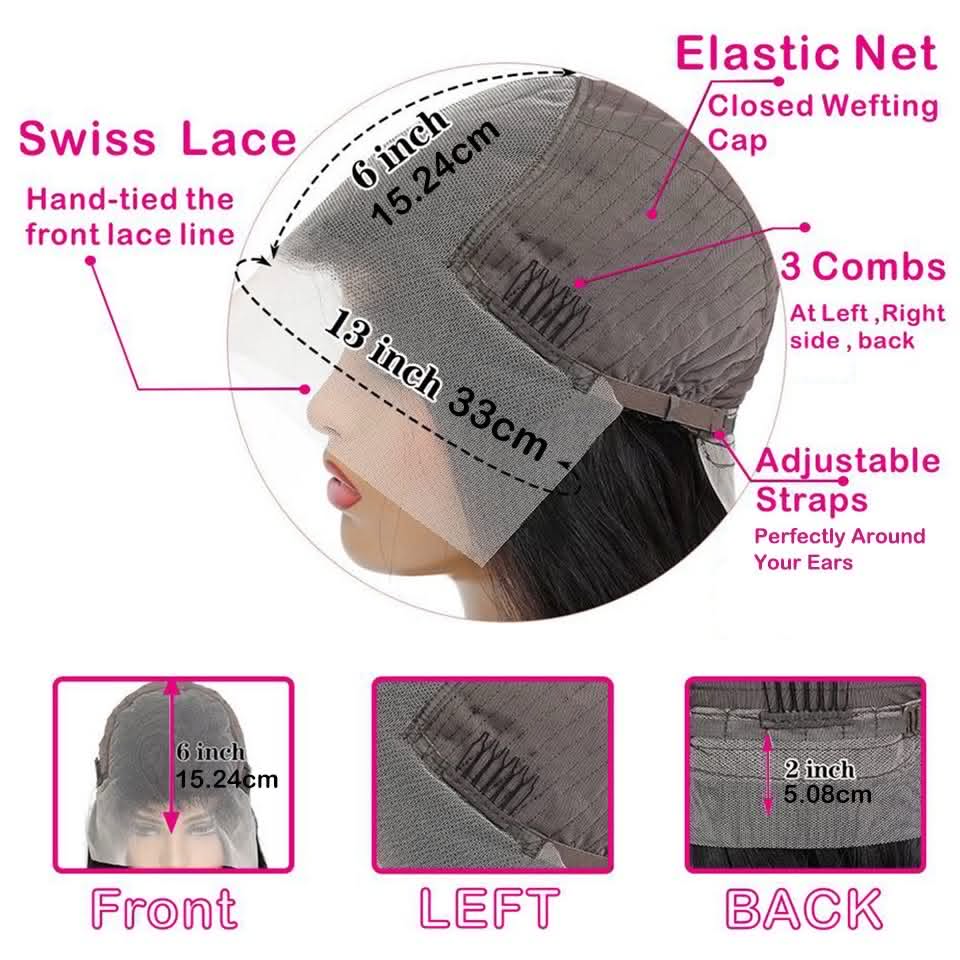 Detailed cap construction of the WigMatch 13x6 HD Lace Human Hair Wig showing Swiss lace, adjustable straps, secure combs, breathable cap design, and comfortable fit for natural everyday wear.