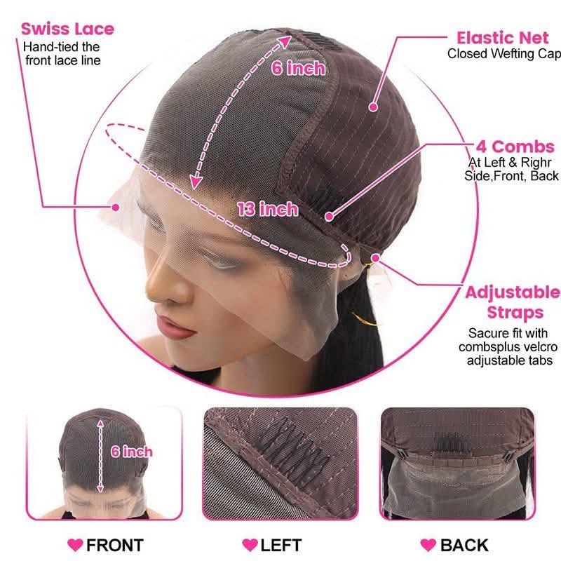 Inside construction of the WigMatch 13x6 HD Transparent Lace Front Human Hair Wig showing the Swiss lace front, 13x6 lace area, elastic cap, four combs, adjustable straps, and secure glueless design for a comfortable fit.