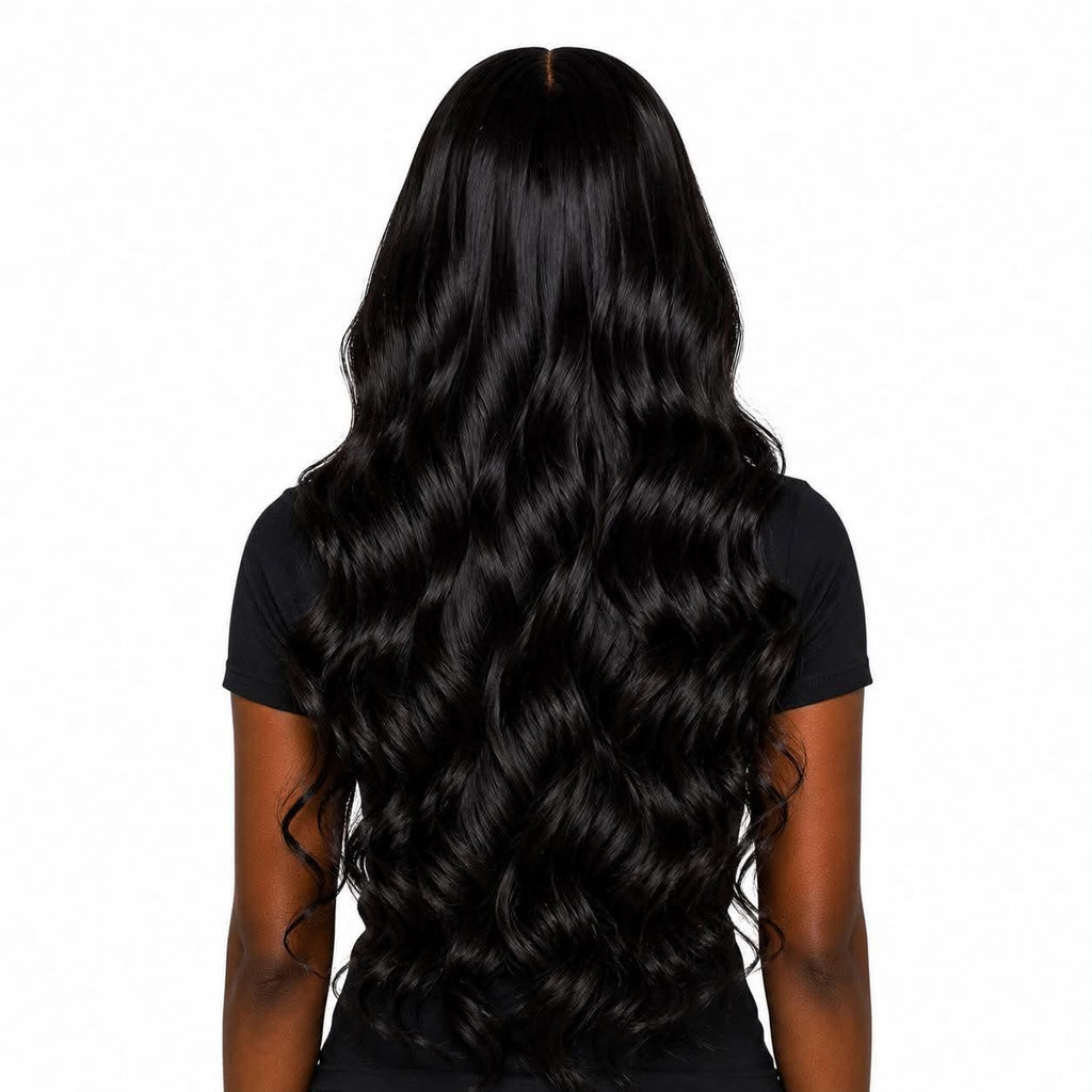 Back view of the WigMatch 360 HD Body Wave Human Hair Wig highlighting long flowing waves, natural shine and full density.