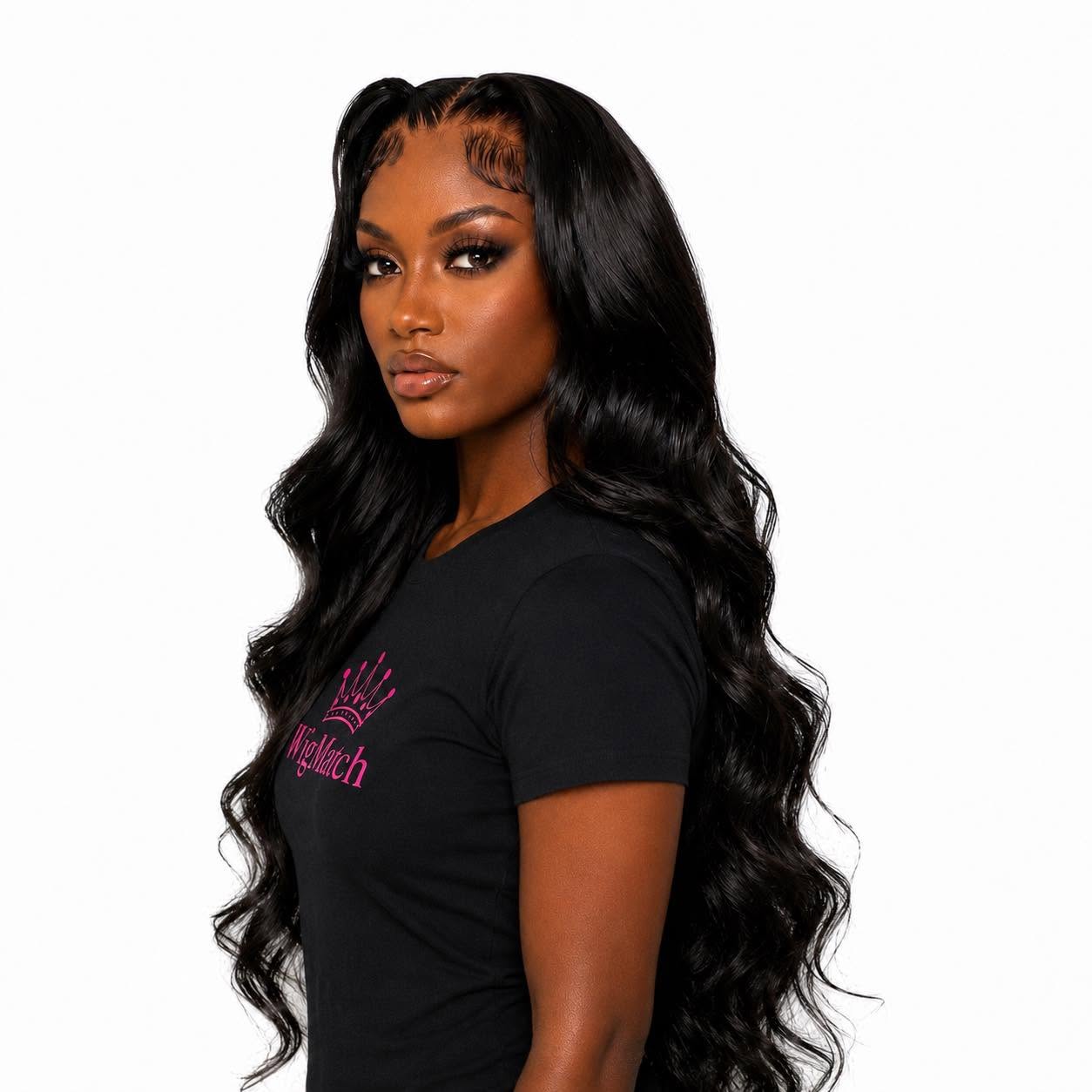 Left side view of the WigMatch 360 HD Body Wave Human Hair Wig showcasing soft waves, natural density and realistic HD lace.