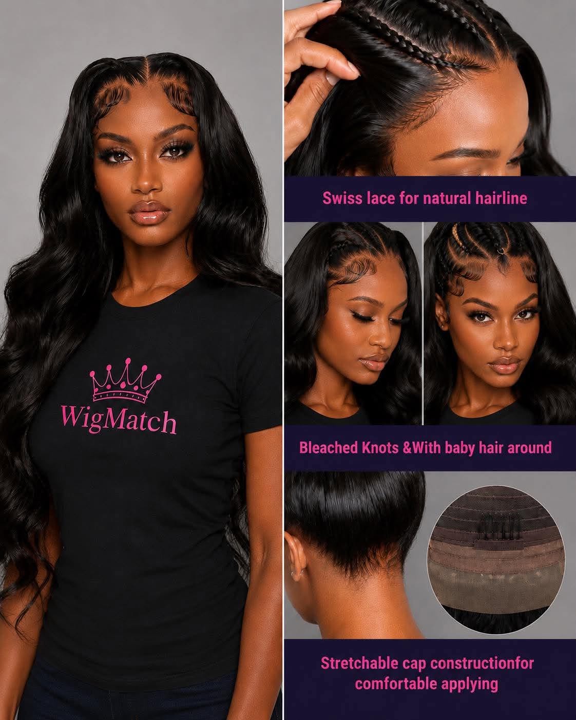 WigMatch 360 HD Lace Human Hair Wig demonstrating flexible styling options with baby hair and natural parting space.
