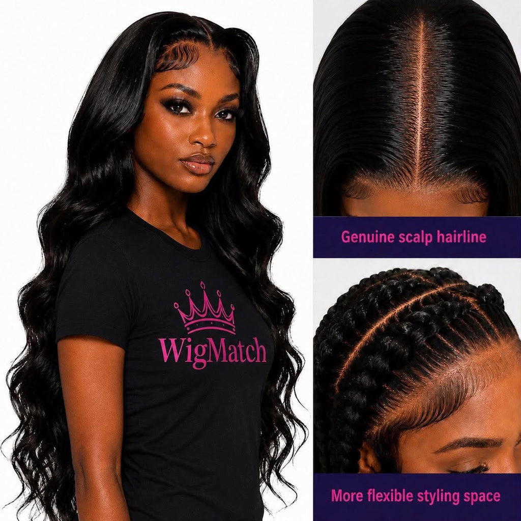  Close-up of the WigMatch 360 HD Lace Human Hair Wig showing the realistic HD lace hairline and natural scalp appearance.