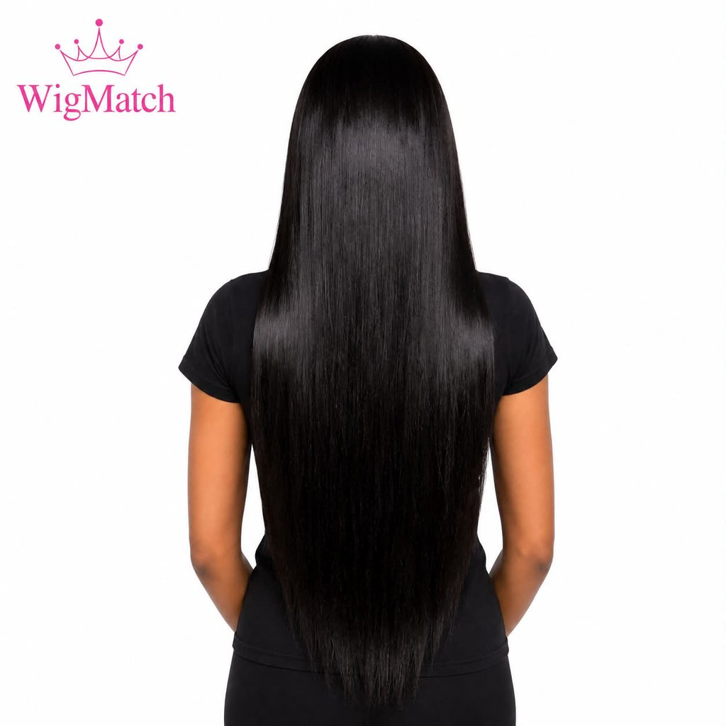 Long straight human hair wig from WigMatch EU online store, displaying the full back length, natural density, silky texture, and healthy shine for European customers.