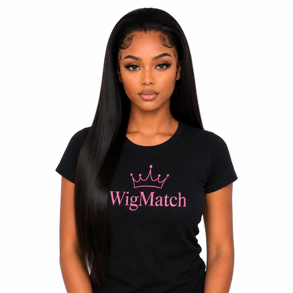 WigMatch EU online store showcasing a 360 lace frontal human hair wig in a sleek bun hairstyle, featuring a pre-plucked hairline, baby hairs, and natural black virgin human hair.
