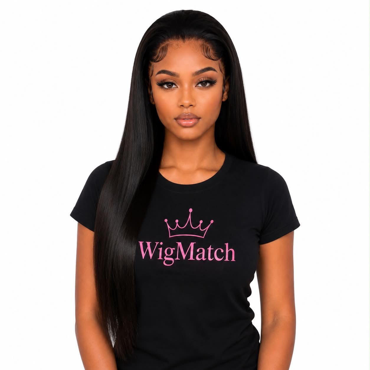 WigMatch EU online store showcasing a 360 lace frontal human hair wig in a sleek bun hairstyle, featuring a pre-plucked hairline, baby hairs, and natural black virgin human hair.
