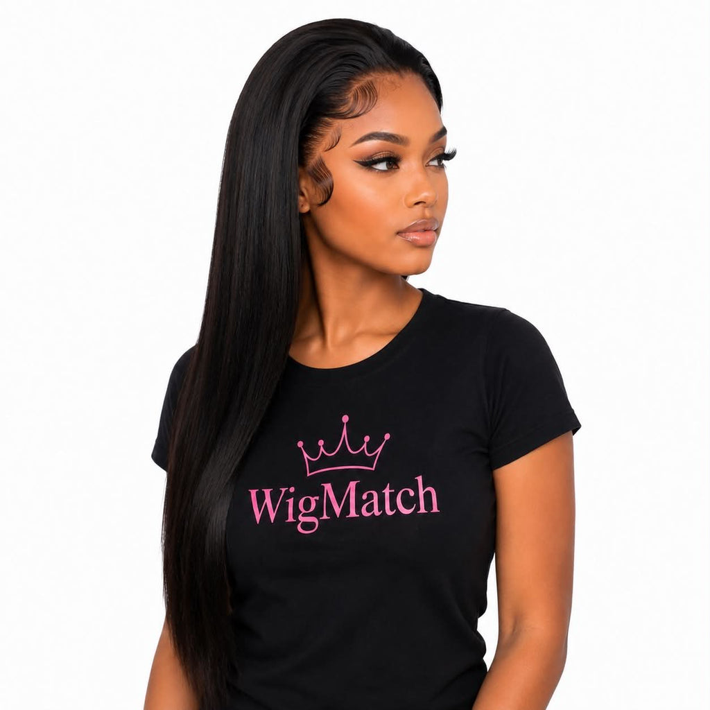 Luxury 360 lace frontal human hair wig by WigMatch online store, featuring a right profile view with a realistic scalp effect and smooth straight hair.
