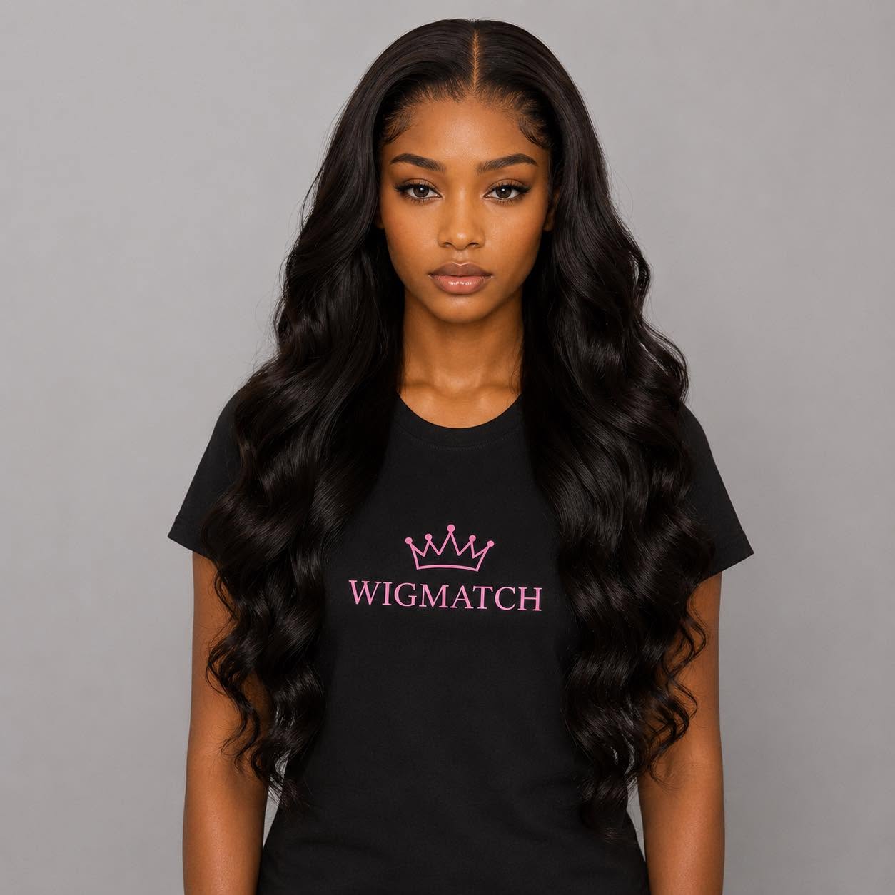 WigMatch Body Wave Lace Front Human Hair Wig for Black Women, front view showcasing natural hairline, soft body wave texture, black color, premium human hair with free EU shipping.
