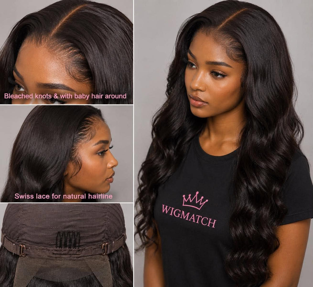 Close-up of WigMatch Body Wave Lace Front Human Hair Wig showing bleached knots, natural baby hair, Swiss lace hairline, and adjustable wig cap construction for a realistic finish.
