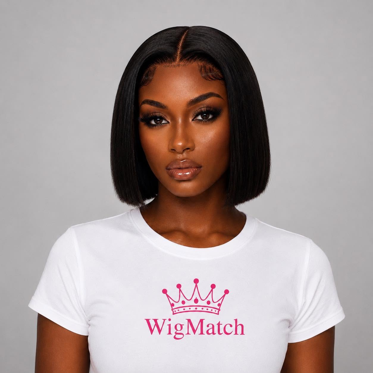 Beautiful woman featuring WigMatch Bone Straight Bob Human Hair Wig with natural baby hair and sleek finish, available from our online store with free shipping across the European Union.