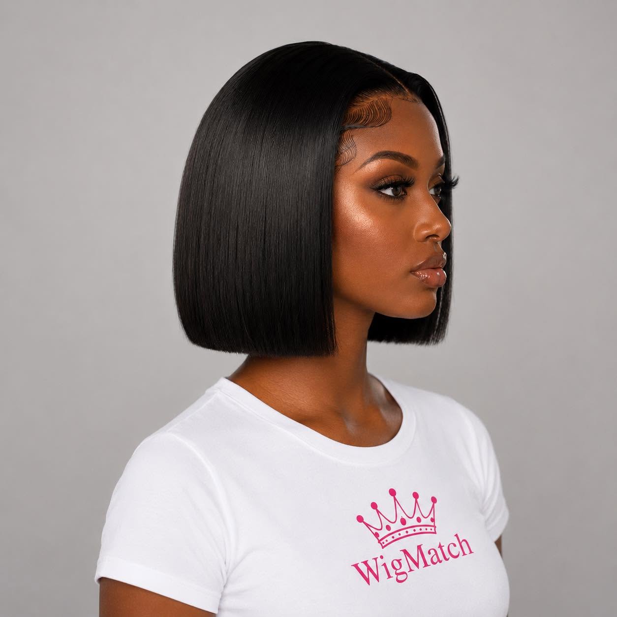 Elegant woman showcasing the WigMatch Bone Straight Bob Human Hair Wig from the side, featuring silky straight human hair with a natural finish, available in our EU online store with free shipping.
