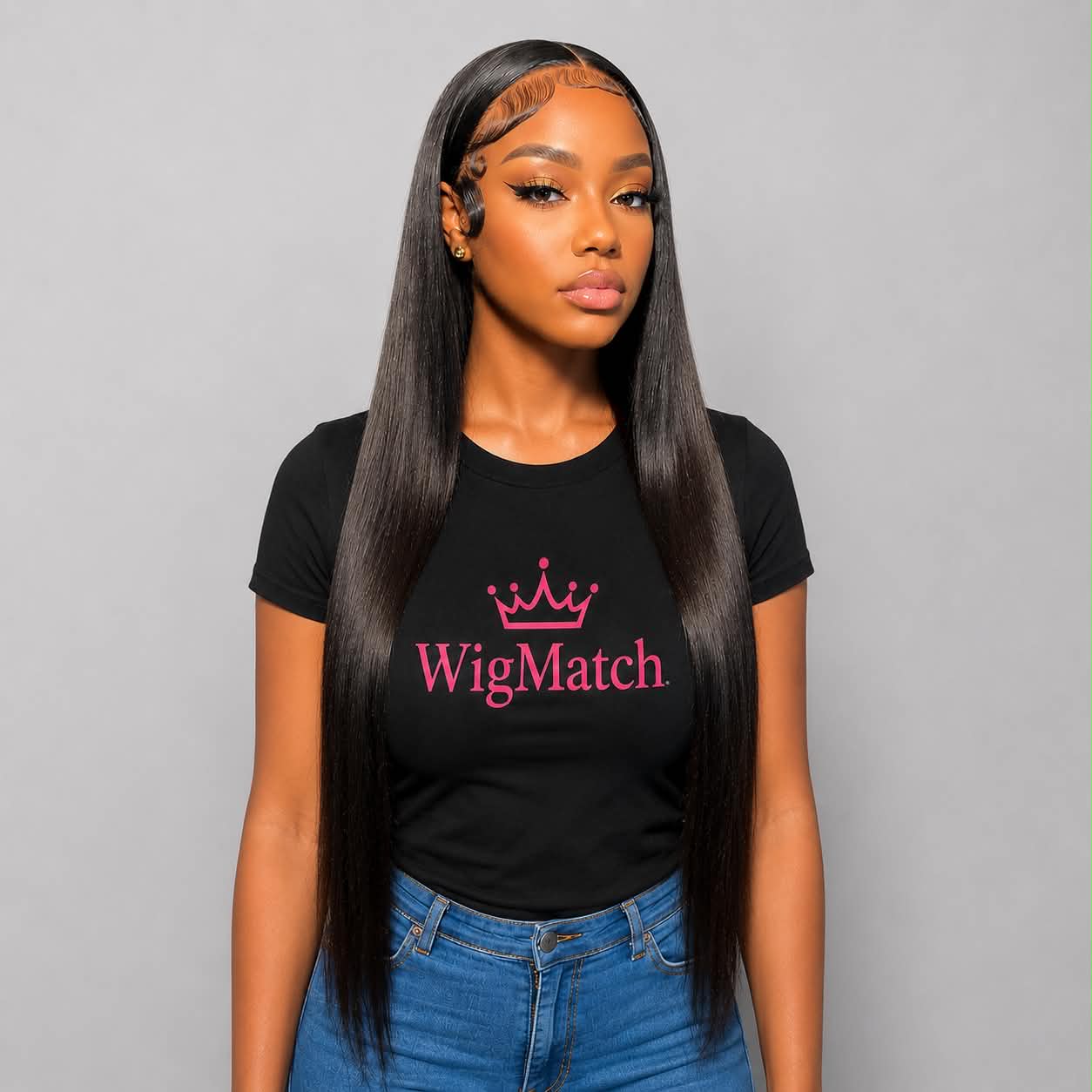 Model wearing WigMatch Brazilian HD lace front human hair wig with straight silky hair and natural hairline, EU online store.
