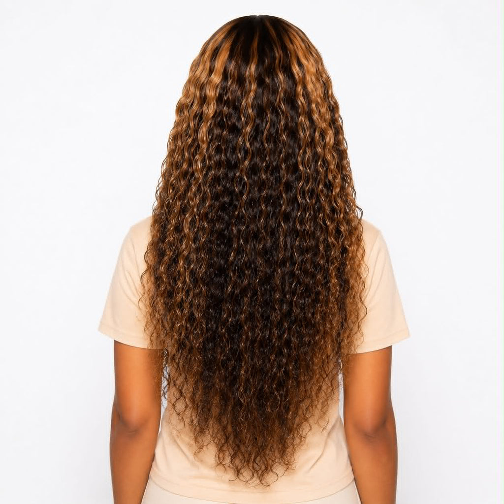 Back view of WigMatch Brown Highlight HD Water Wave Human Hair Wig displaying full density, long flowing water wave curls, and natural color blending from root to ends.