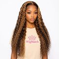 Front view of WigMatch Brown Highlight HD Water Wave Human Hair Wig featuring soft water wave curls, natural HD lace hairline, and premium 100% human hair with free fast EU shipping.