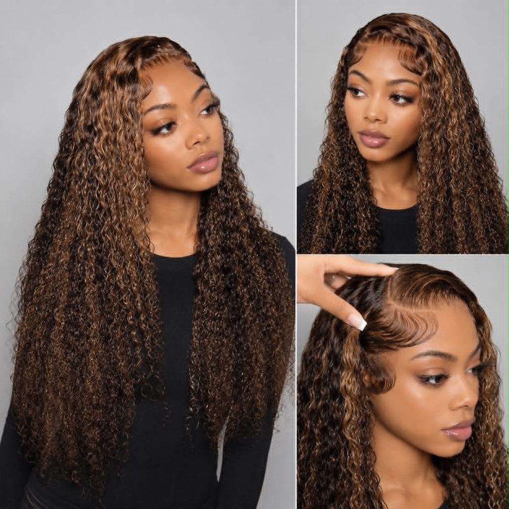 Lifestyle collage of WigMatch Brown Highlight HD Water Wave Human Hair Wig highlighting the natural HD lace hairline, water wave curls, dimensional brown highlights, and realistic styling from multiple angles.