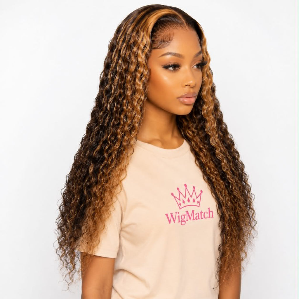 Right side view of WigMatch Brown Highlight HD Water Wave Human Hair Wig showcasing dimensional brown highlights, soft water wave texture, and a seamless HD lace finish.