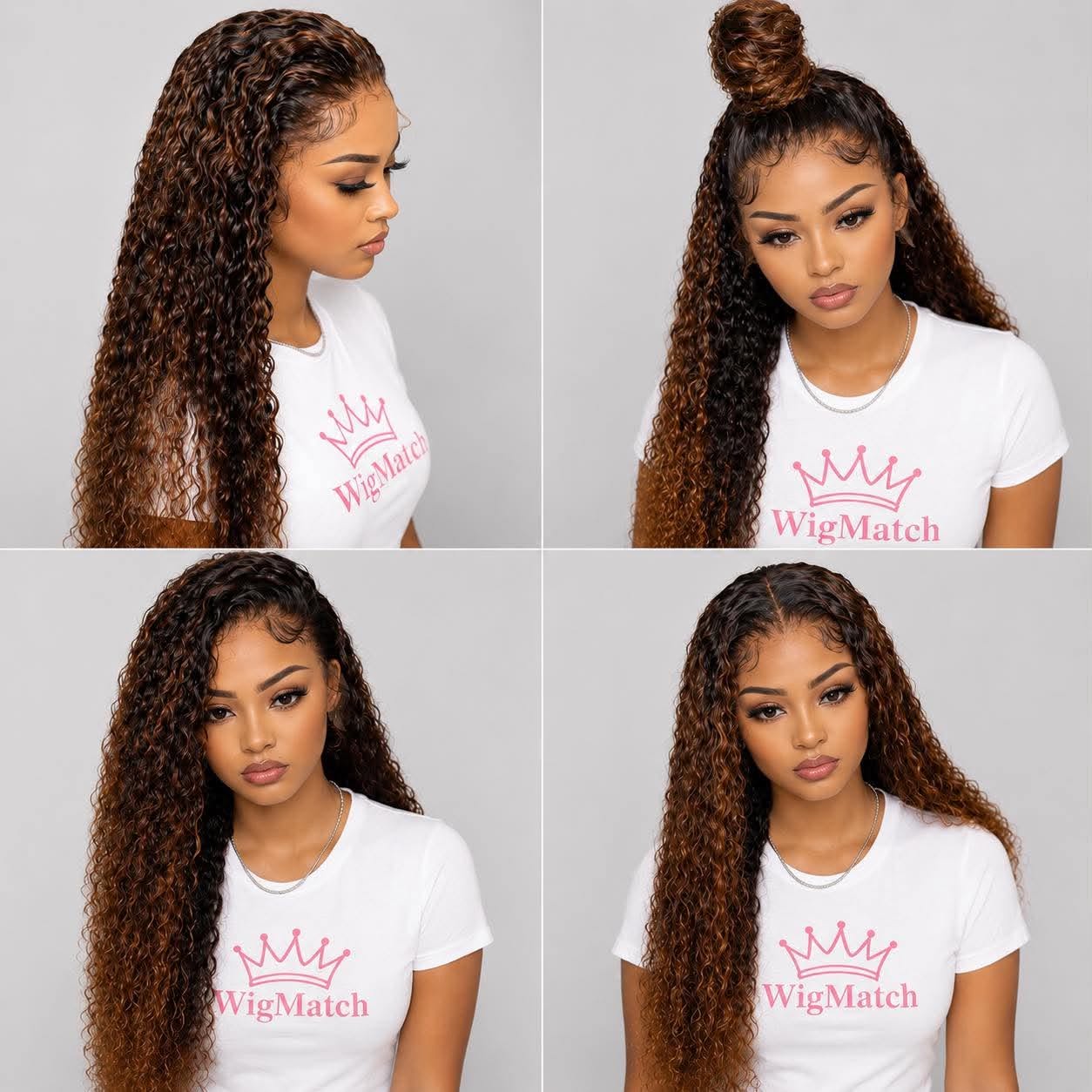 Multiple views of the WigMatch brown ombre highlight deep wave human hair lace front wig showing side, front, half-up hairstyle, and natural curls. Premium quality with fast free shipping across the European Union.