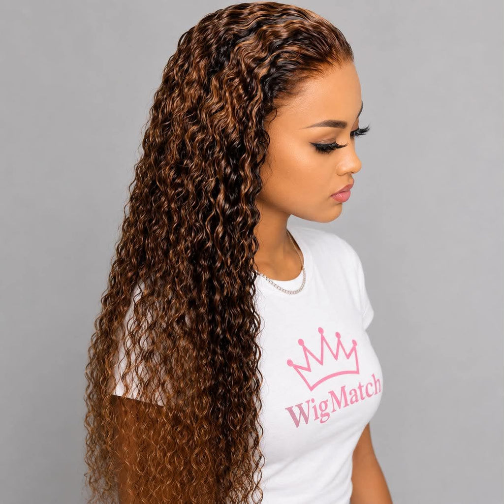 Side view of a WigMatch brown ombre highlight deep wave human hair lace front wig featuring a natural hairline. Premium long curly wig with fast free shipping across the European Union