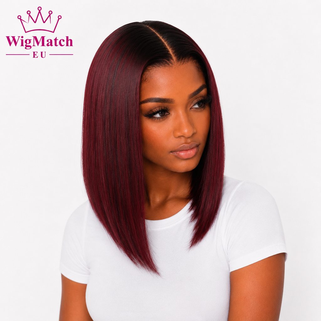 Beautiful African female model wearing a burgundy wine red straight bob human hair wig, elegant 45-degree angle, natural middle part and silky finish, white t-shirt, WigMatch EU, premium online wig store with fast shipping across the European Union.