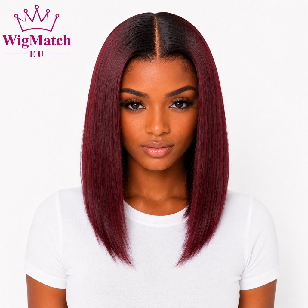 Beautiful African female model wearing a burgundy wine red straight bob human hair wig, front view, natural middle part, realistic hairline, white t-shirt, WigMatch EU, premium online wig store with fast shipping across the European Union.