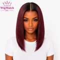 Beautiful African female model wearing a burgundy wine red straight bob human hair wig, front view, natural middle part, realistic hairline, white t-shirt, WigMatch EU, premium online wig store with fast shipping across the European Union.