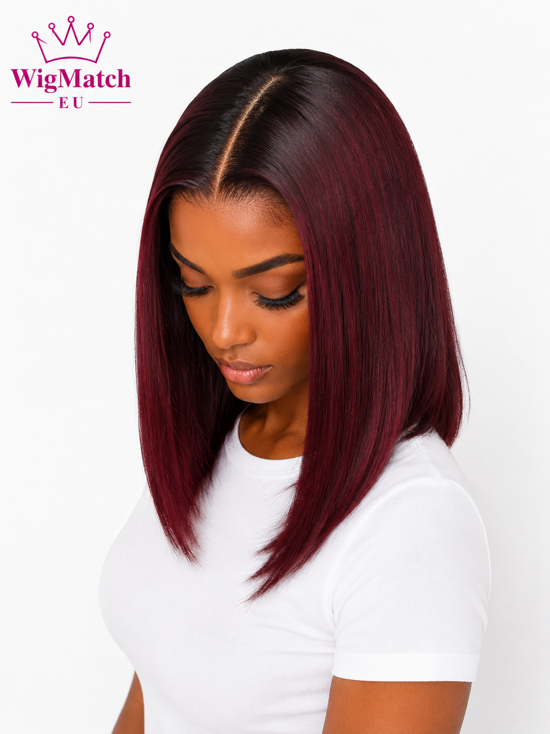 Beautiful African female model wearing a burgundy wine red straight bob human hair wig, side 45-degree view, showcasing the sleek cut, silky texture and natural middle part, white t-shirt, WigMatch EU, premium online wig store with fast shipping across the European Union.