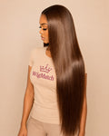 WigMatch chocolate brown Brazilian HD lace human hair wig on female model with silky straight texture, natural shine and seamless hairline.
