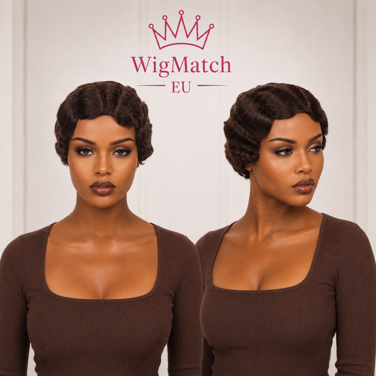 Beautiful Black female model wearing a dark brown finger wave pixie cut human hair wig, shown in front and side views. Premium short dark brown human hair wig available at the WigMatch EU online store with free shipping across the European Union and fast delivery.