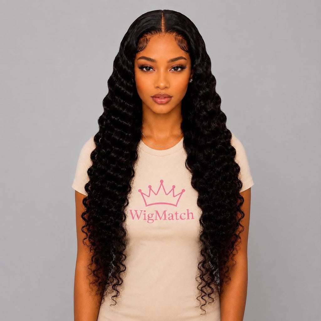 WigMatch Deep Wave Lace Front Human Hair Wig in Natural Black, front view with long deep wave curls, natural hairline, premium quality, available in 18–34 inch, fast free shipping across the EU.
