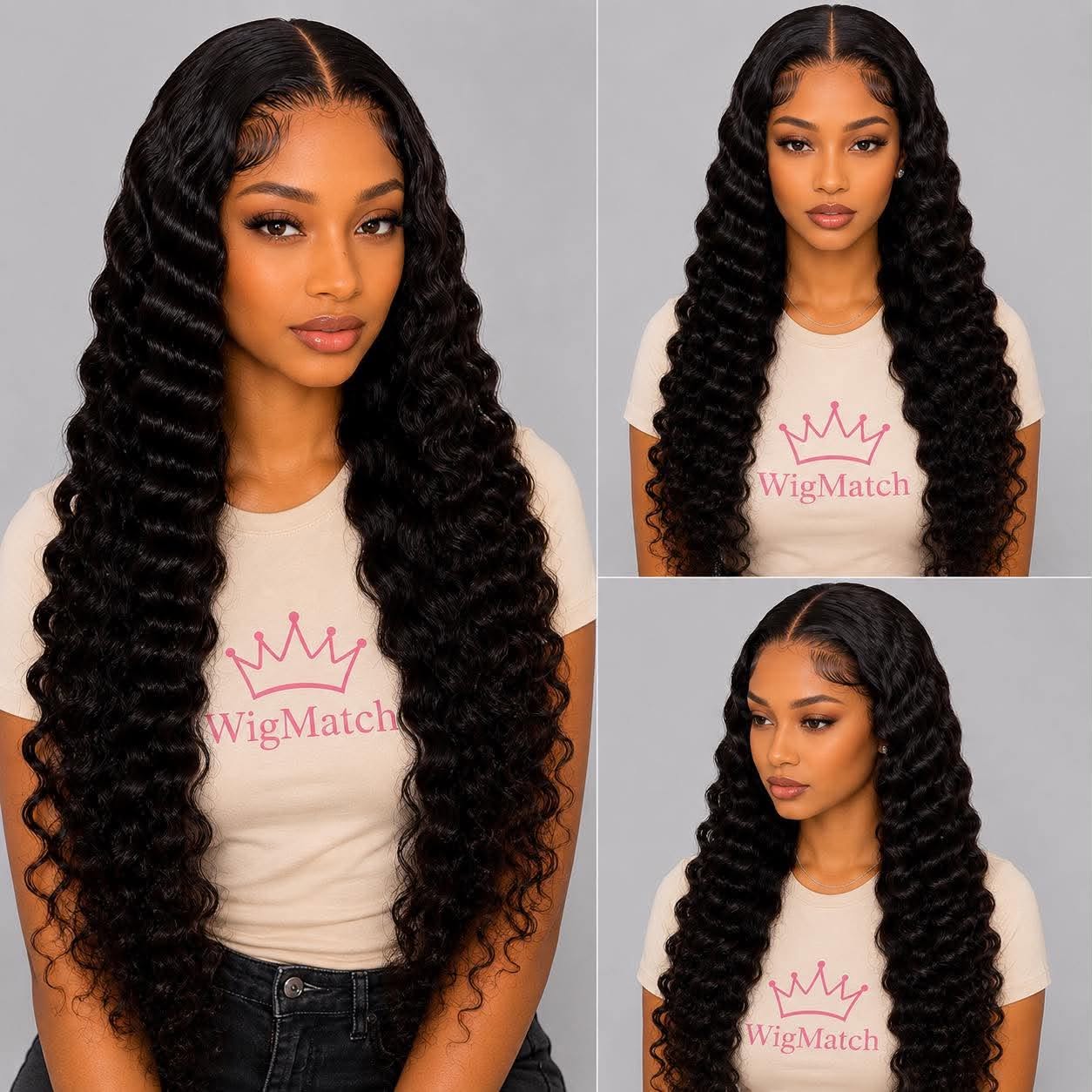 WigMatch Deep Wave Lace Front Human Hair Wig in Natural Black showing front, angled, and close-up views with long deep wave curls and natural hairline, available in 18–34 inch with fast free shipping across the European Union.