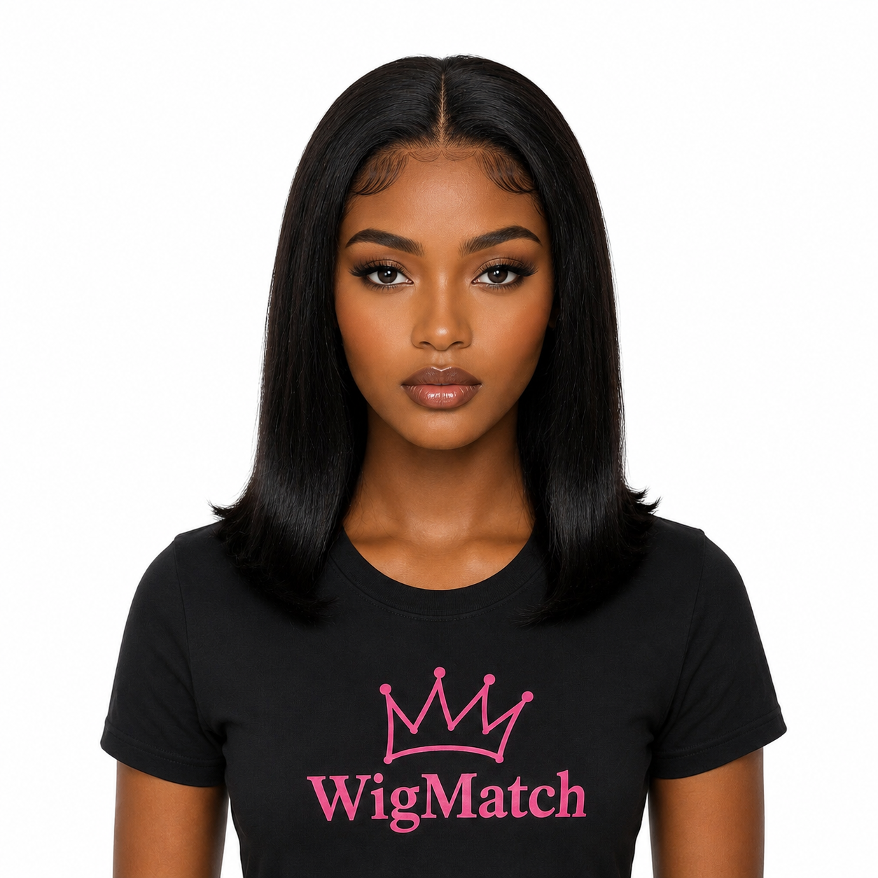 Elegant Brazilian Straight Human Hair Wig in Natural Black, front view featuring a realistic model with a sleek shoulder-length straight hairstyle, natural baby hairs, WigMatch 