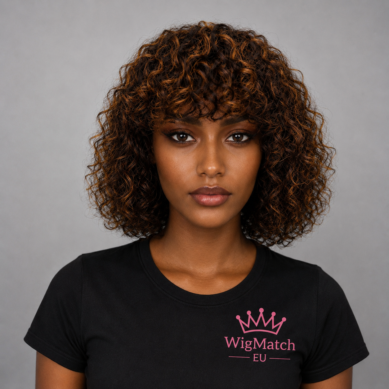 WigMatch EU Curly Bob Human Hair Wig with Bangs in Highlighted Brown, front view, soft curls with brown highlights.