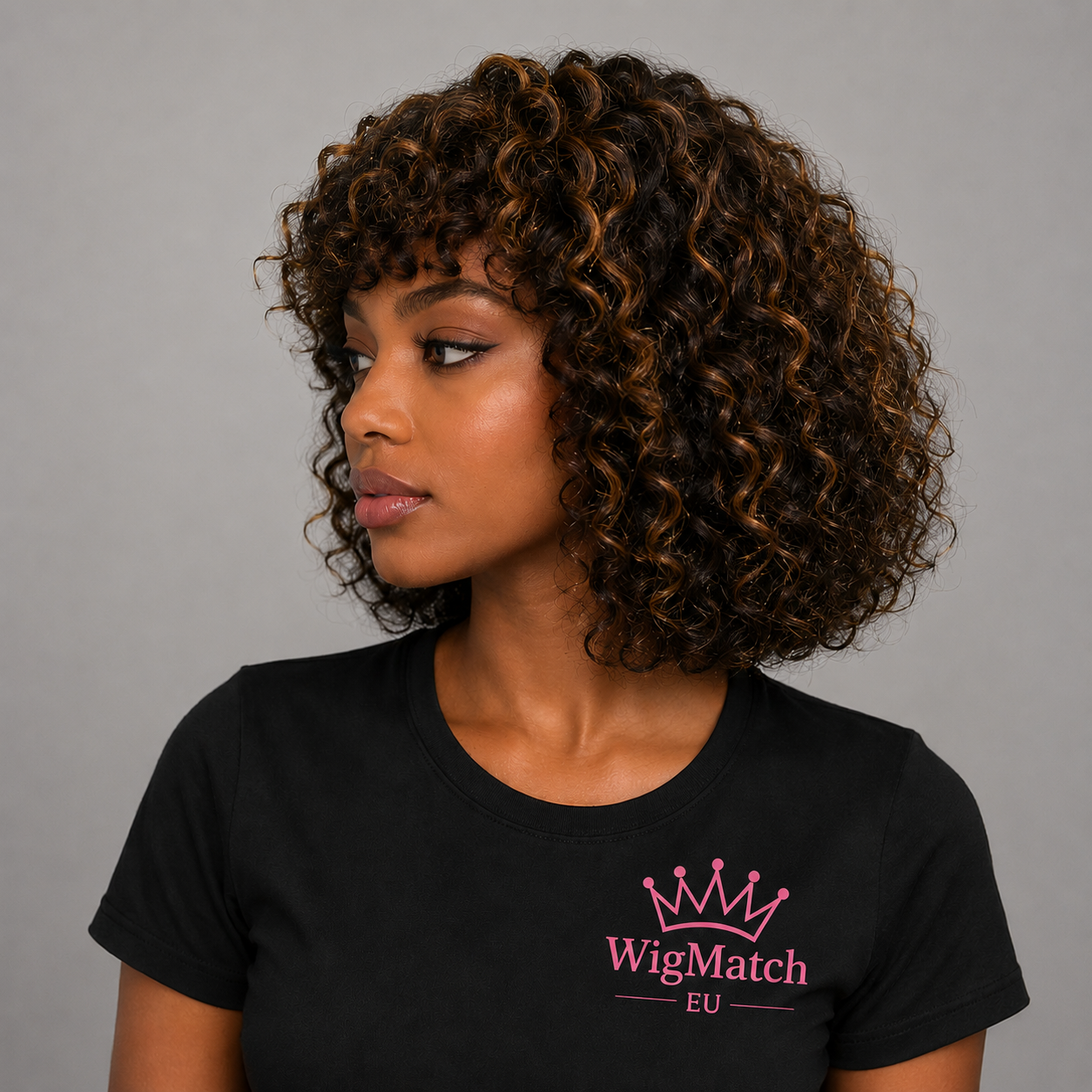 WigMatch EU Curly Bob Human Hair Wig with Bangs in Highlighted Brown, side profile, curly bob with brown highlights.